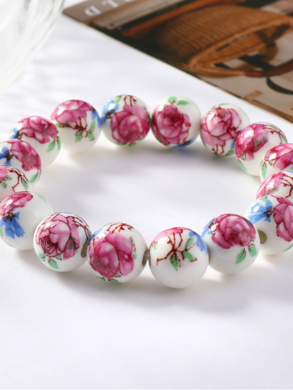Porcelain Floral Bead Stretch Bracelet - Pink Rose Design